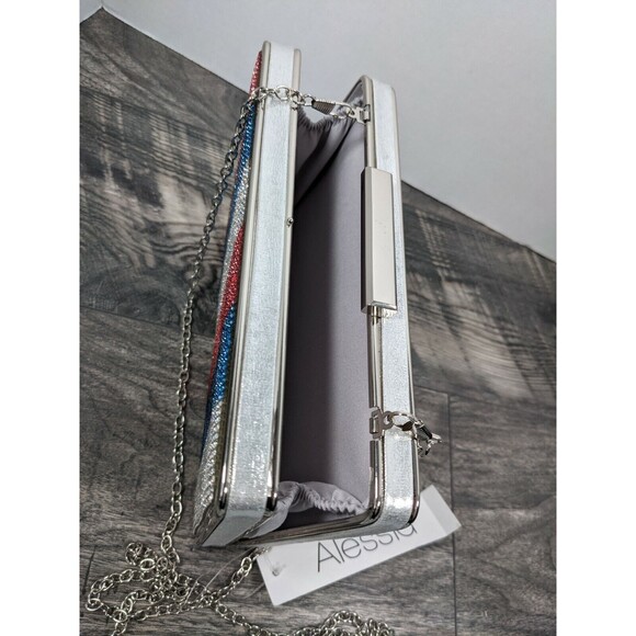 Alessia Red White Blue Stripe Rhinestone Crossbody Chain Clutch Bag USA NWT - Picture 7 of 9